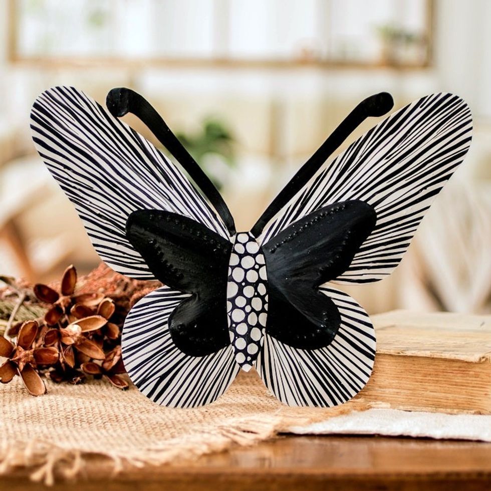 Black and White Butterfly Steel Wall Art from El Salvador 'Flutter in the Shadows'