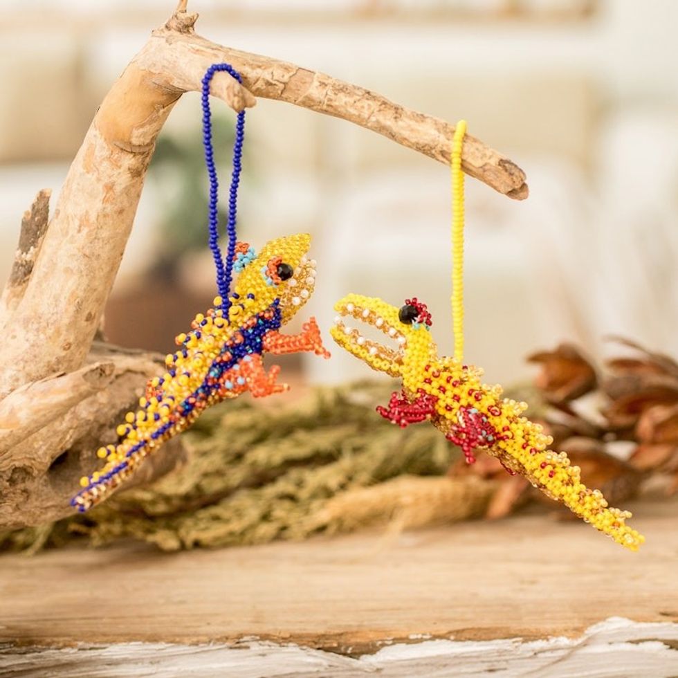 Two Glass Beaded Crocodile-Themed Ornaments from Guatemala 'Ferocious Friends'
