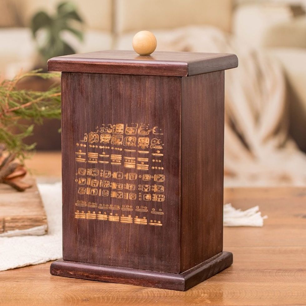 Pinewood Decorative Box with Pyrography Mayan Motif 'Dresden Codex'