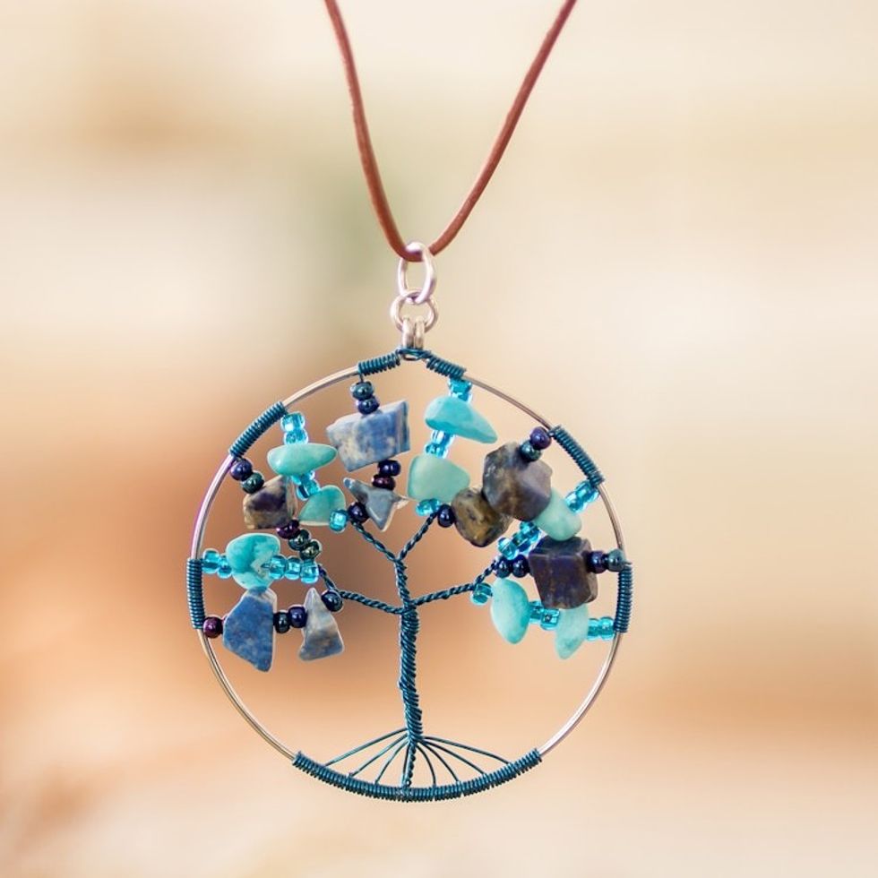 Tree-Themed Round Blue Jasper and Quartz Pendant Necklace 'Blue Jasper World'