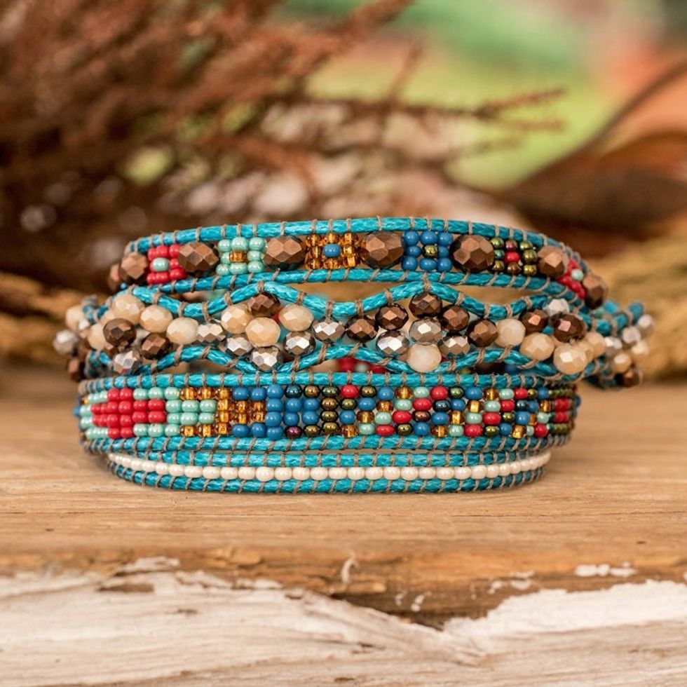 Handwoven Beaded Blue-Hued Wrap Bracelet with Pewter Button 'Encircling Flair'
