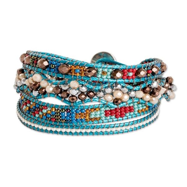Alternate image for Handwoven Beaded Blue-Hued Wrap Bracelet with Pewter Button Encircling Flair