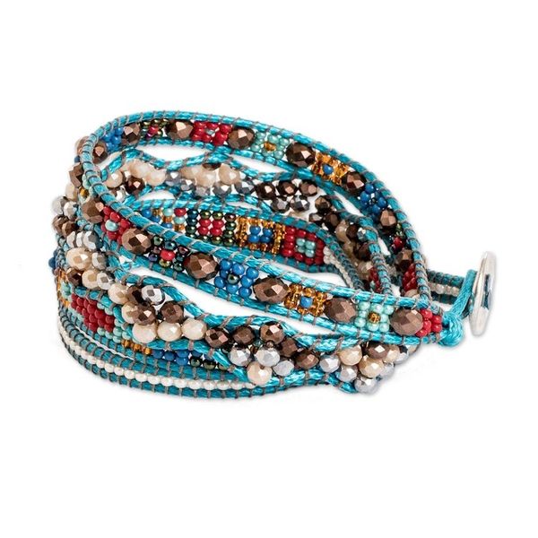 Alternate image for Handwoven Beaded Blue-Hued Wrap Bracelet with Pewter Button Encircling Flair