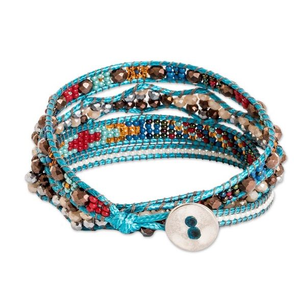Alternate image for Handwoven Beaded Blue-Hued Wrap Bracelet with Pewter Button Encircling Flair