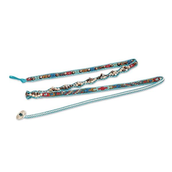 Alternate image for Handwoven Beaded Blue-Hued Wrap Bracelet with Pewter Button Encircling Flair