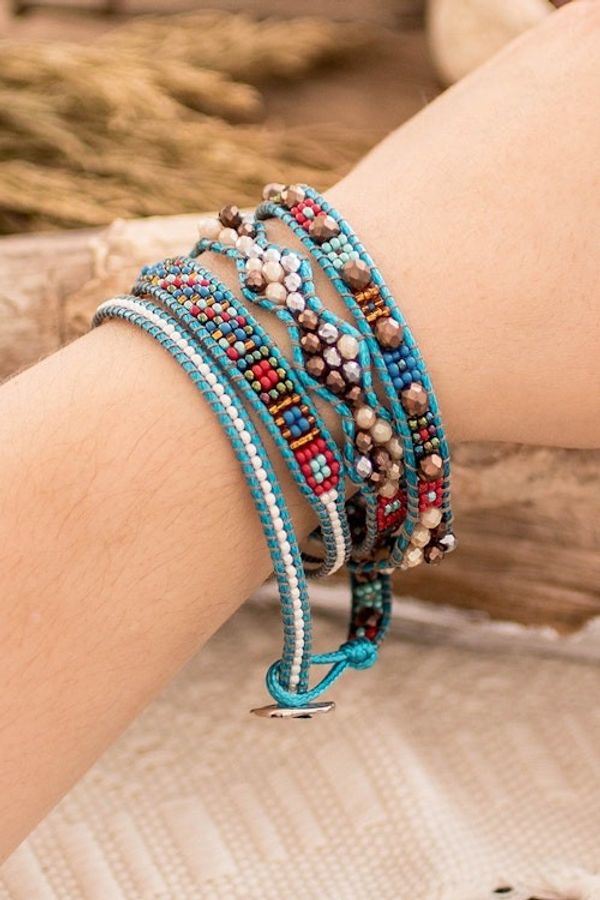 Alternate image for Handwoven Beaded Blue-Hued Wrap Bracelet with Pewter Button Encircling Flair