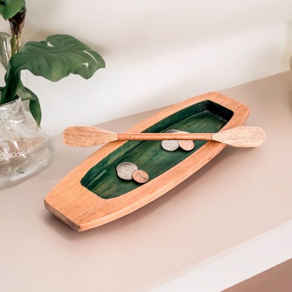 Handmade Brown and Green Cedarwood Boat Catchall with Paddle 'To the Green Lagoon'