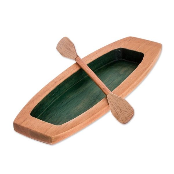 Alternate image for Handmade Brown and Green Cedarwood Boat Catchall with Paddle To the Green Lagoon