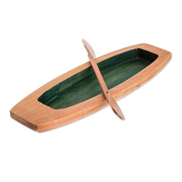 Alternate image for Handmade Brown and Green Cedarwood Boat Catchall with Paddle To the Green Lagoon