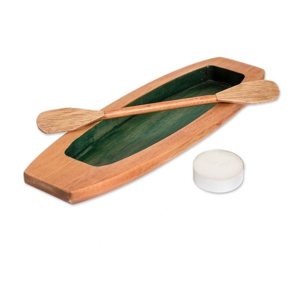 Alternate image for Handmade Brown and Green Cedarwood Boat Catchall with Paddle To the Green Lagoon