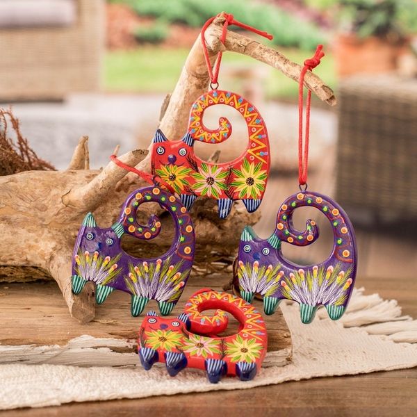 Alternate image for 4 Hand-Painted Cat-Shaped Ceramic Ornaments from Guatemala Celebration Cats