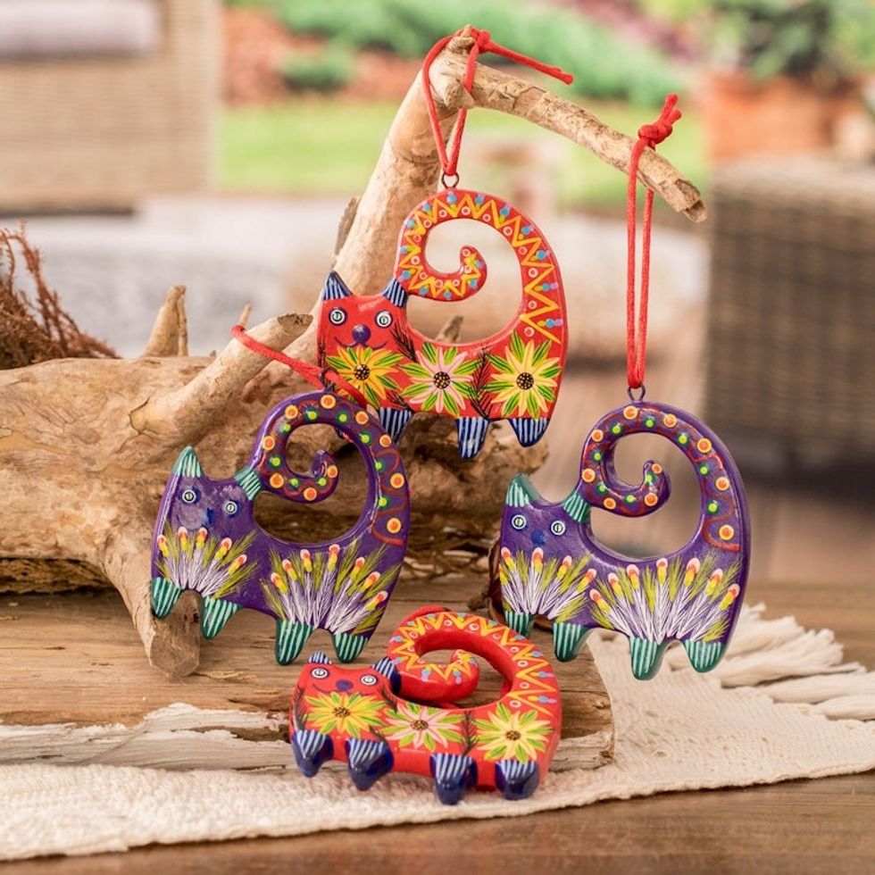 4 Hand-Painted Cat-Shaped Ceramic Ornaments from Guatemala 'Celebration Cats'