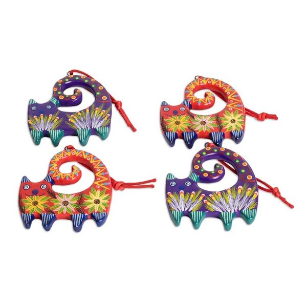Alternate image for 4 Hand-Painted Cat-Shaped Ceramic Ornaments from Guatemala Celebration Cats