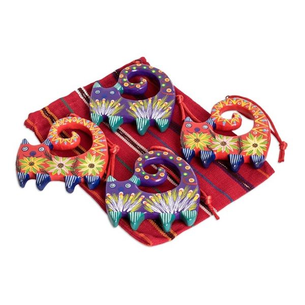 Alternate image for 4 Hand-Painted Cat-Shaped Ceramic Ornaments from Guatemala Celebration Cats