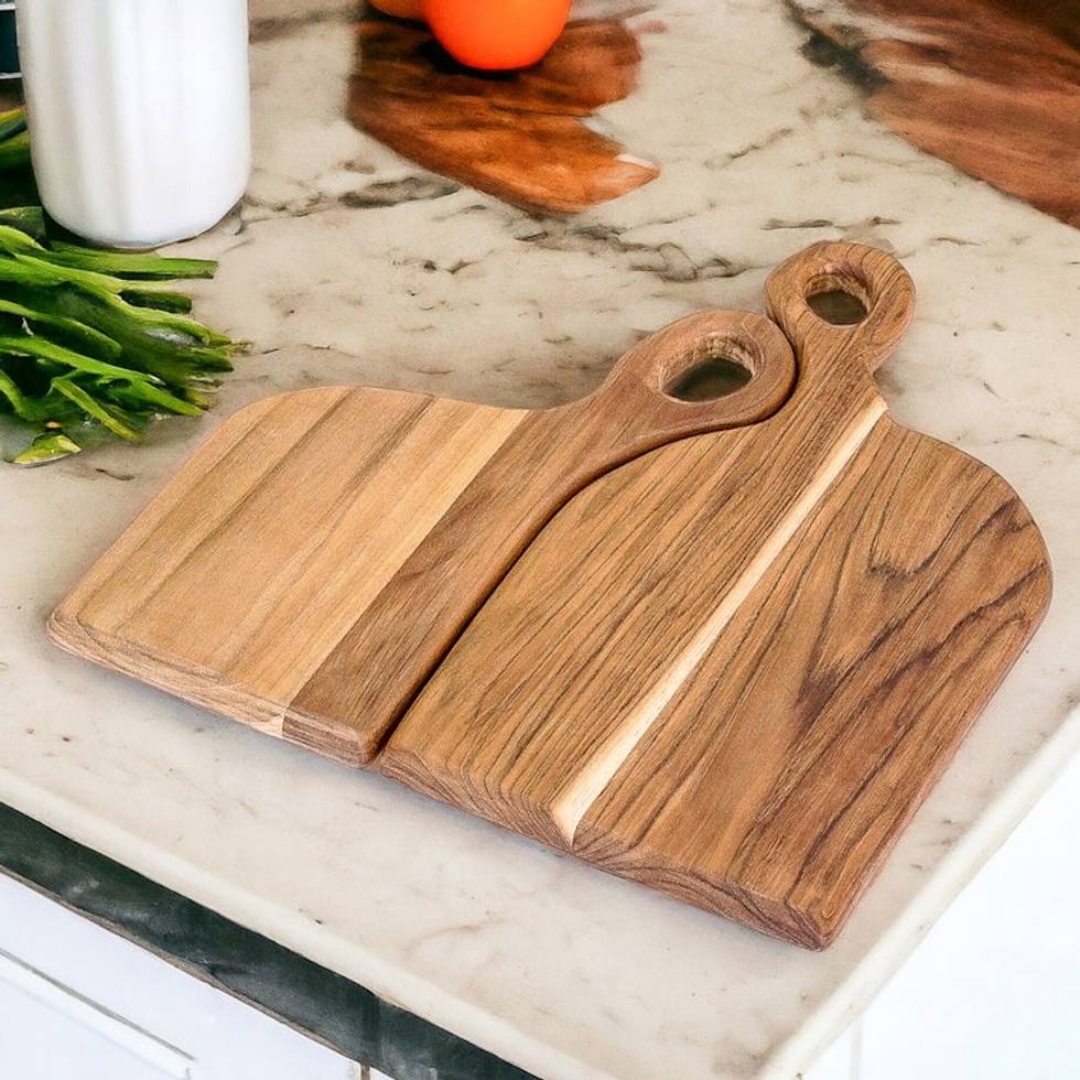 Set of 2 Romantic Semi-Abstract Teak Wood Cutting Boards 'Cooking Couple'