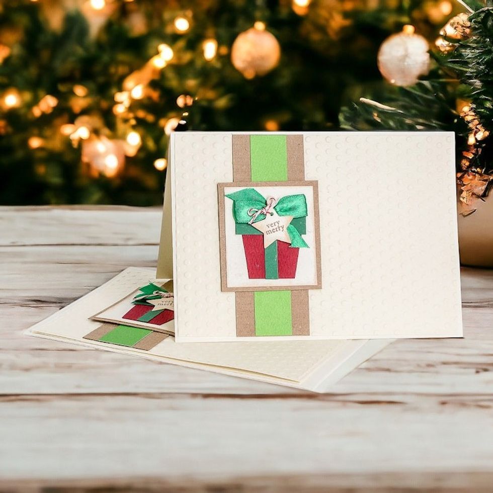Handcrafted Pair of Gift-Themed Christmas Greeting Cards 'Love and Peace'