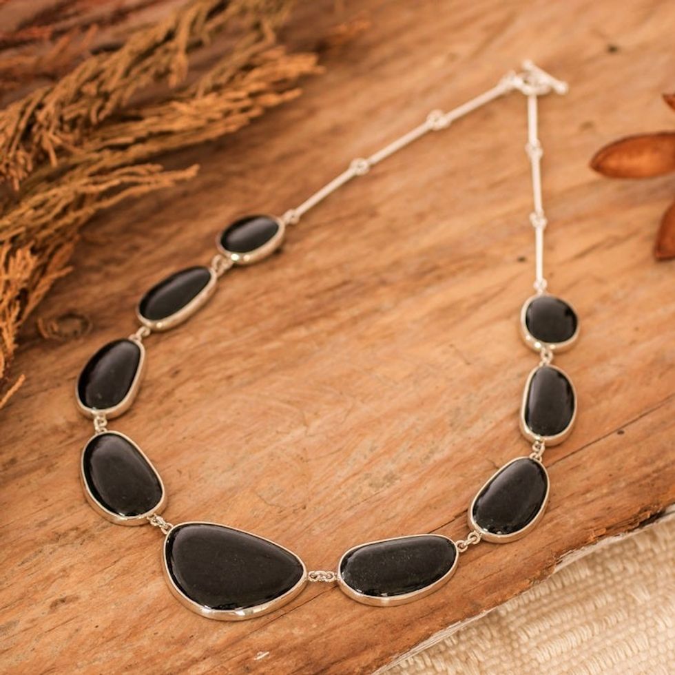 Guatemalan Jade Cabochon and Sterling Silver Link Necklace 'Dark B'olom'