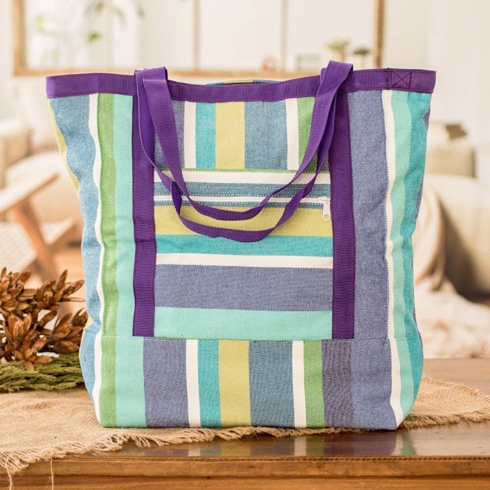 Striped Cotton Shopping Bag in Purple and Green Hues 'Sustainable Sensations'