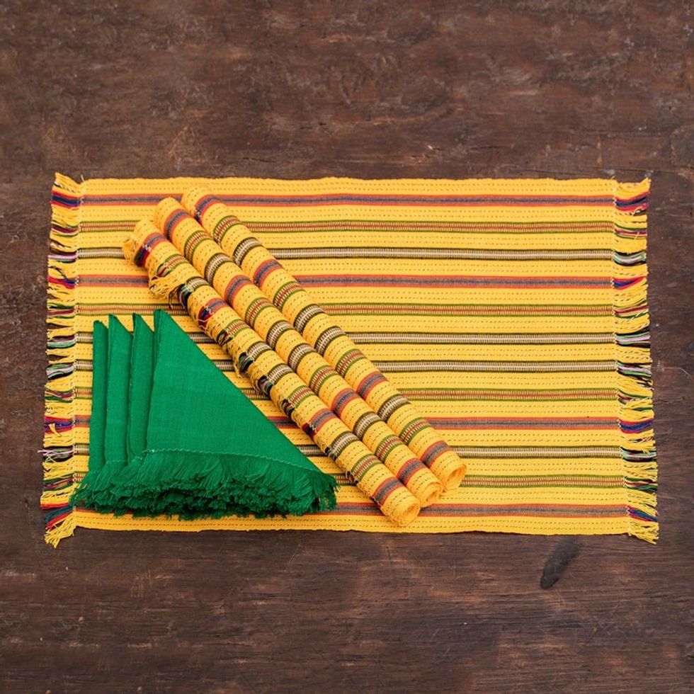 Artisan-Made 8-Piece Yellow Cotton Placemat with Napkin Set 'Palopo in Yellow'