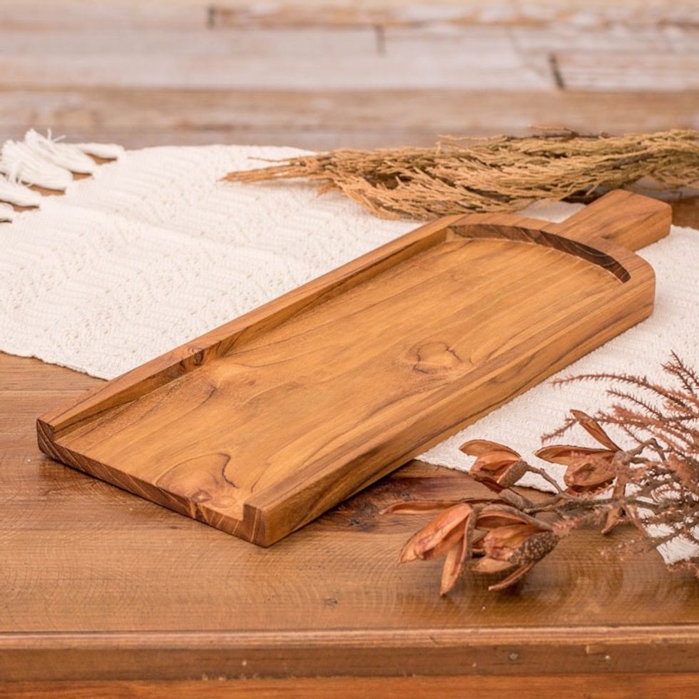 Hand-Carved Eco-Friendly Teak Tequila Glasses Serving Tray 'Fun with Friends'