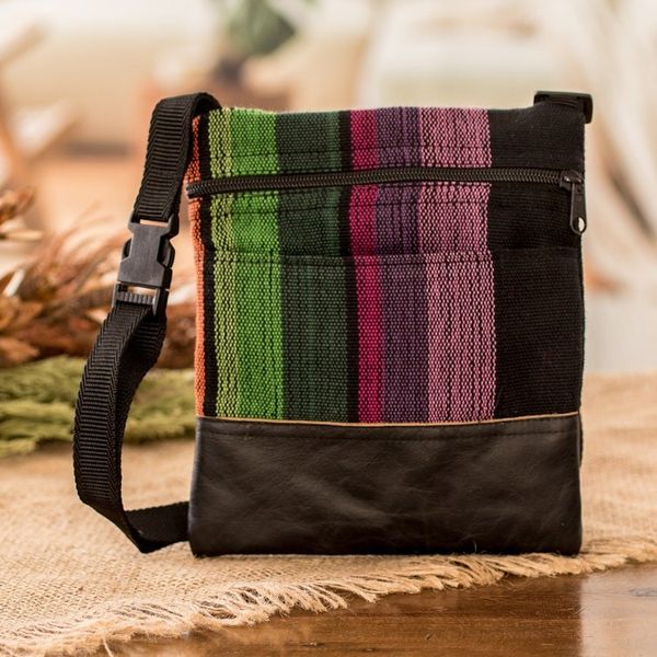 Alternate image for Handwoven Adjustable Striped Leather-Accented Cotton Sling Earth Traveler