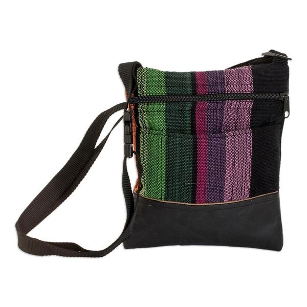 Alternate image for Handwoven Adjustable Striped Leather-Accented Cotton Sling Earth Traveler