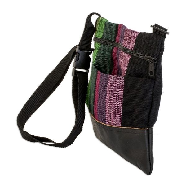 Alternate image for Handwoven Adjustable Striped Leather-Accented Cotton Sling Earth Traveler