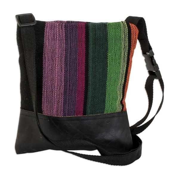 Alternate image for Handwoven Adjustable Striped Leather-Accented Cotton Sling Earth Traveler