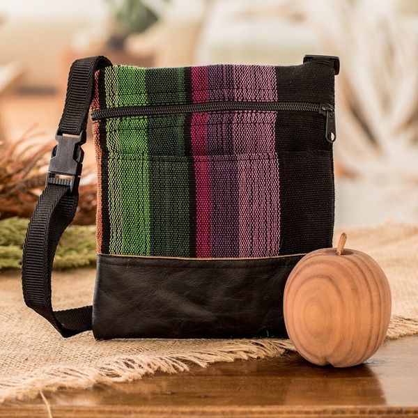Alternate image for Handwoven Adjustable Striped Leather-Accented Cotton Sling Earth Traveler