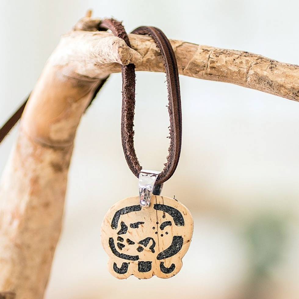 Coconut Shell and Lava Stone Maya E Sign Pendant Necklace 'Free Path'