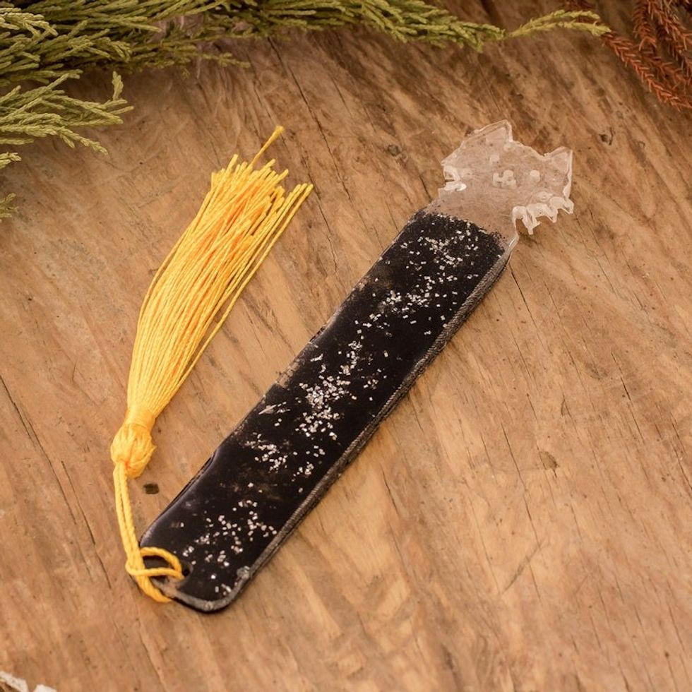 Handcrafted Cat-Themed Resin Bookmark with Yellow Tassel 'Feline Legends'