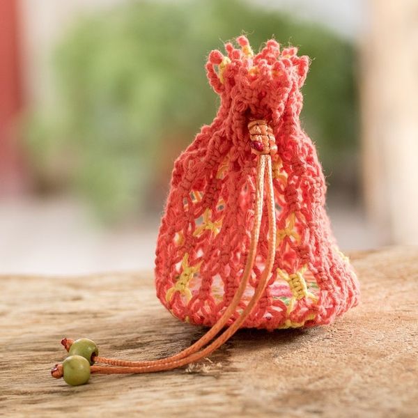 Alternate image for Multi-Purpose Macrame Cotton Pouch in Orange and Yellow Tropical Citrus