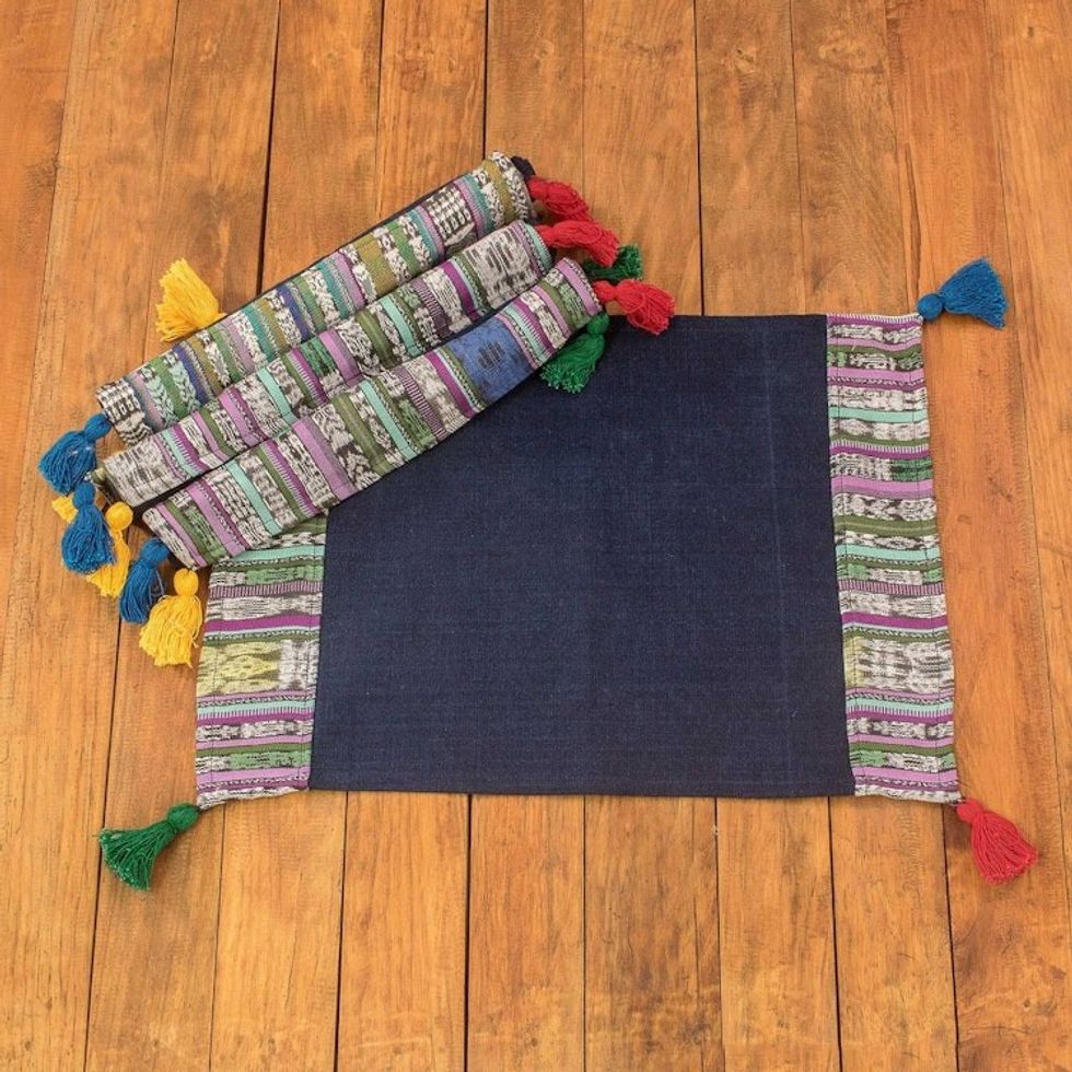 Set of Four Handwoven Cotton Placemats with Colorful Tassels 'Land of Traditions'