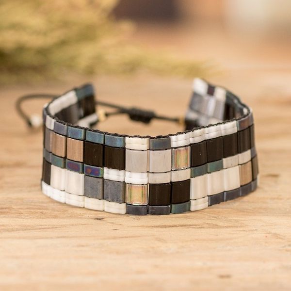 Alternate image for Adjustable Mosaic Style Glass Beaded Wristband Bracelet Luxurious Tiles