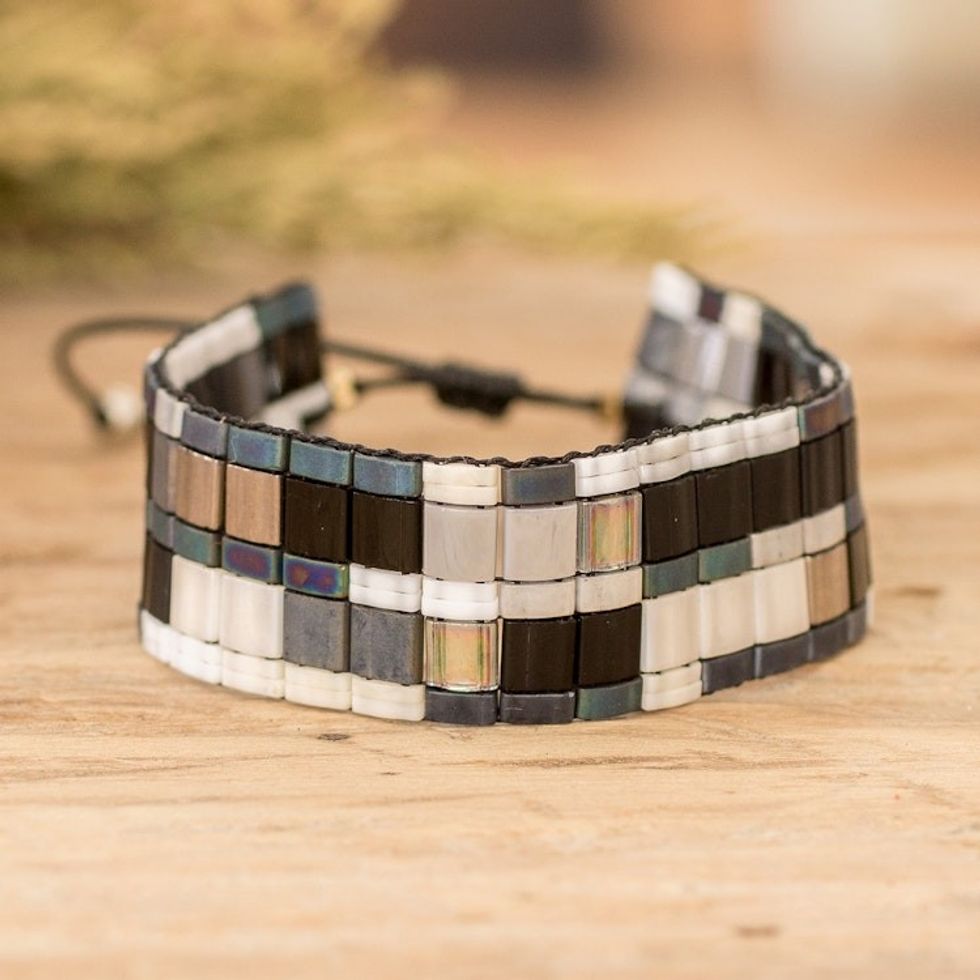 Adjustable Mosaic Style Glass Beaded Wristband Bracelet 'Luxurious Tiles'