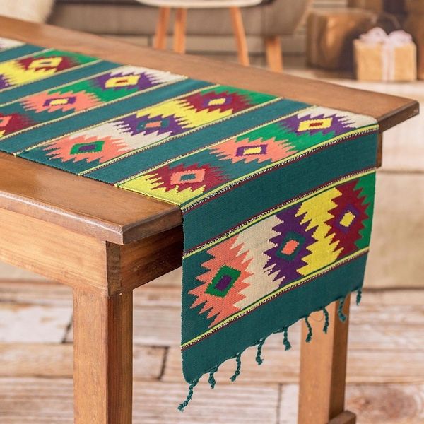 Alternate image for Handwoven Green Cotton Table Runner with Guatemalan Motifs Colorful Stars