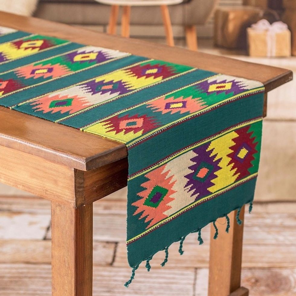 Handwoven Green Cotton Table Runner with Guatemalan Motifs 'Colorful Stars'