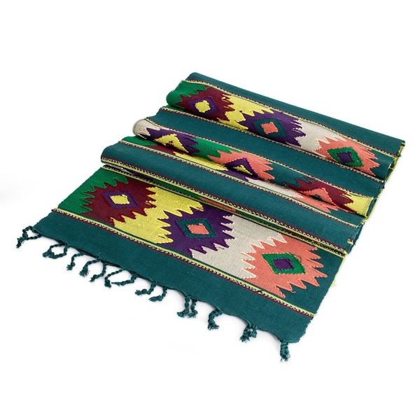Alternate image for Handwoven Green Cotton Table Runner with Guatemalan Motifs Colorful Stars