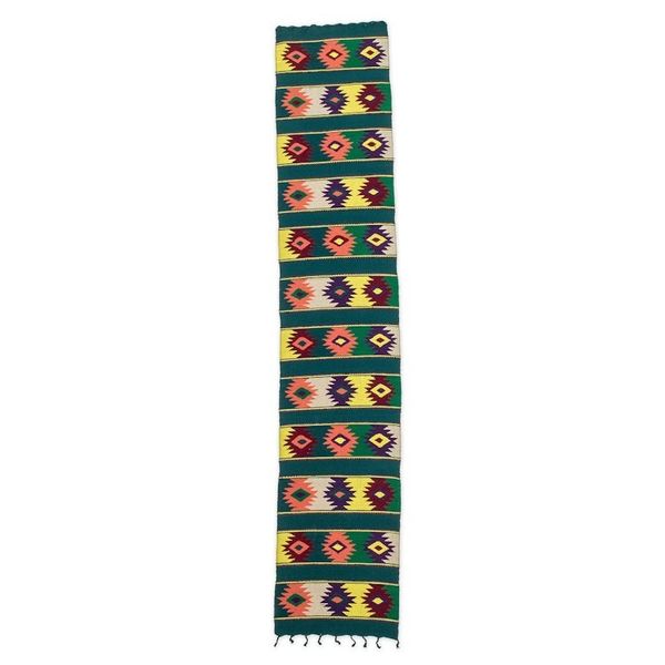 Alternate image for Handwoven Green Cotton Table Runner with Guatemalan Motifs Colorful Stars