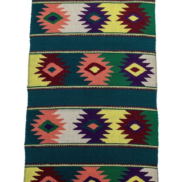 Alternate image for Handwoven Green Cotton Table Runner with Guatemalan Motifs Colorful Stars