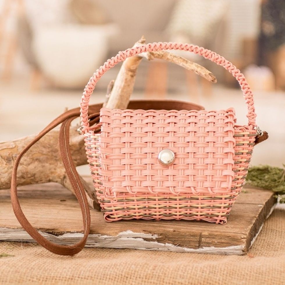 Handwoven Recycled Vinyl Cord Sling and Handle Bag in Peach 'Peachy Chic'