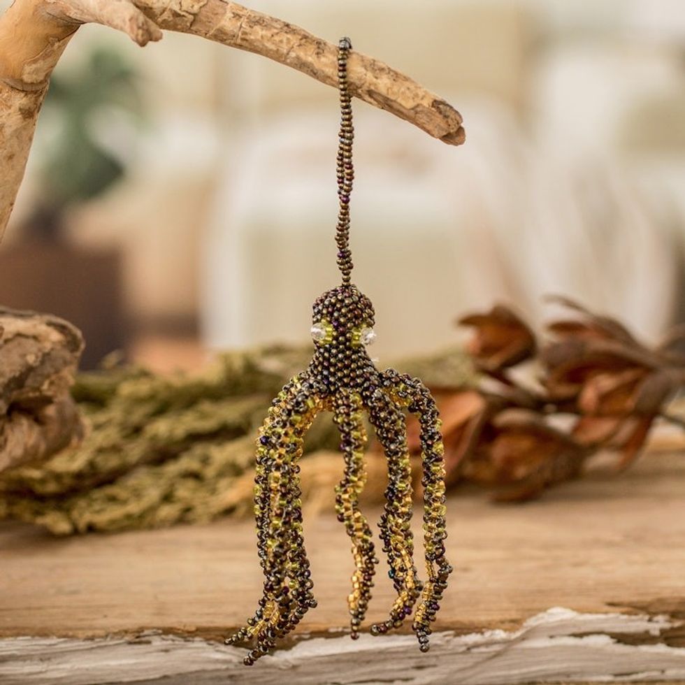 Crystal and Glass Beaded Bronze-Hued Octopus-Themed Ornament 'Bronze Aquatic Life'