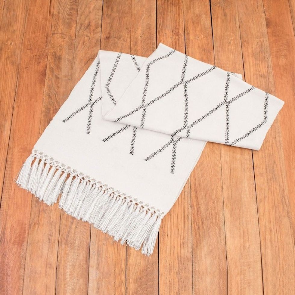 Handwoven White Cotton Table Runner with Diamond Pattern 'White Diamond Paths'