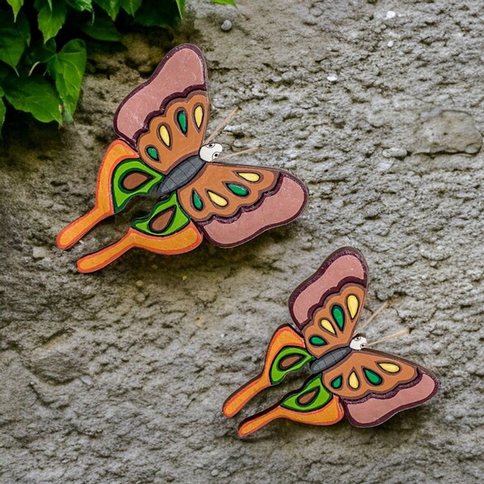Set of 2 Painted Green and Brown Butterfly Wood Wall Art 'Sylvan Flutter'