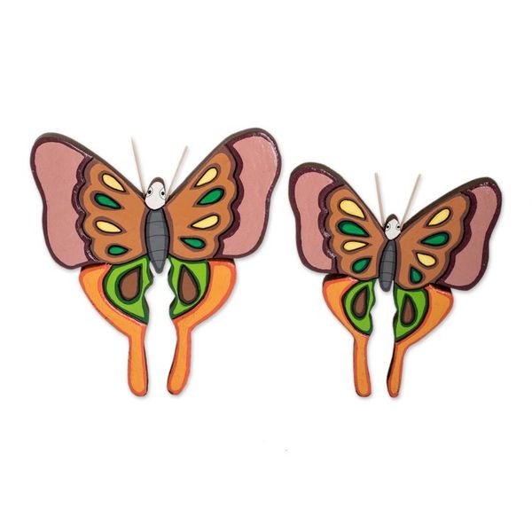 Alternate image for Set of 2 Painted Green and Brown Butterfly Wood Wall Art Sylvan Flutter