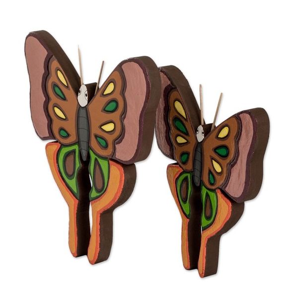 Alternate image for Set of 2 Painted Green and Brown Butterfly Wood Wall Art Sylvan Flutter