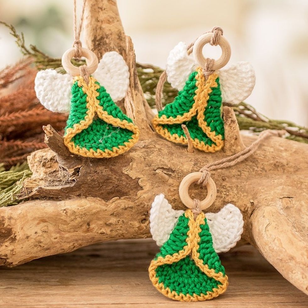 Set of 3 Handcrafted Green Cotton and Wood Angel Ornaments 'Harmonious Creation'