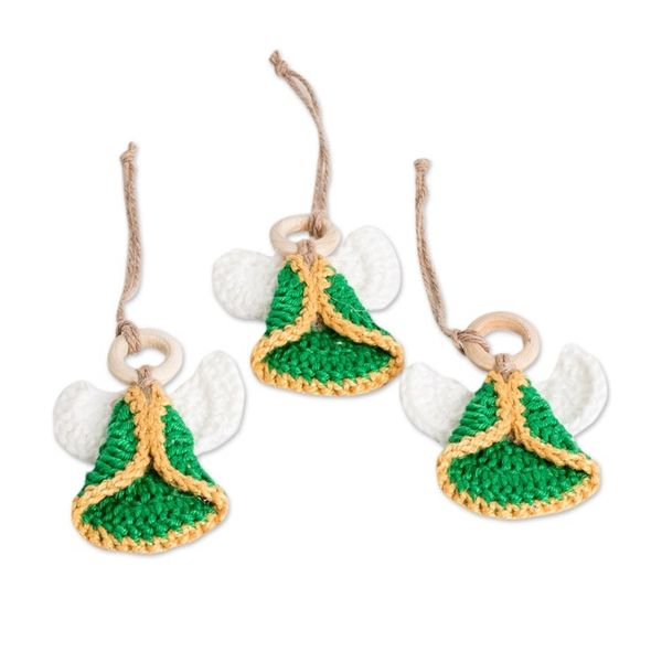 Alternate image for Set of 3 Handcrafted Green Cotton and Wood Angel Ornaments Harmonious Creation