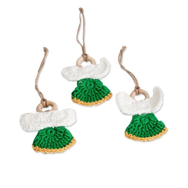 Alternate image for Set of 3 Handcrafted Green Cotton and Wood Angel Ornaments Harmonious Creation
