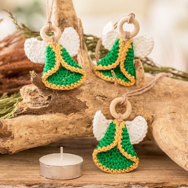 Alternate image for Set of 3 Handcrafted Green Cotton and Wood Angel Ornaments Harmonious Creation